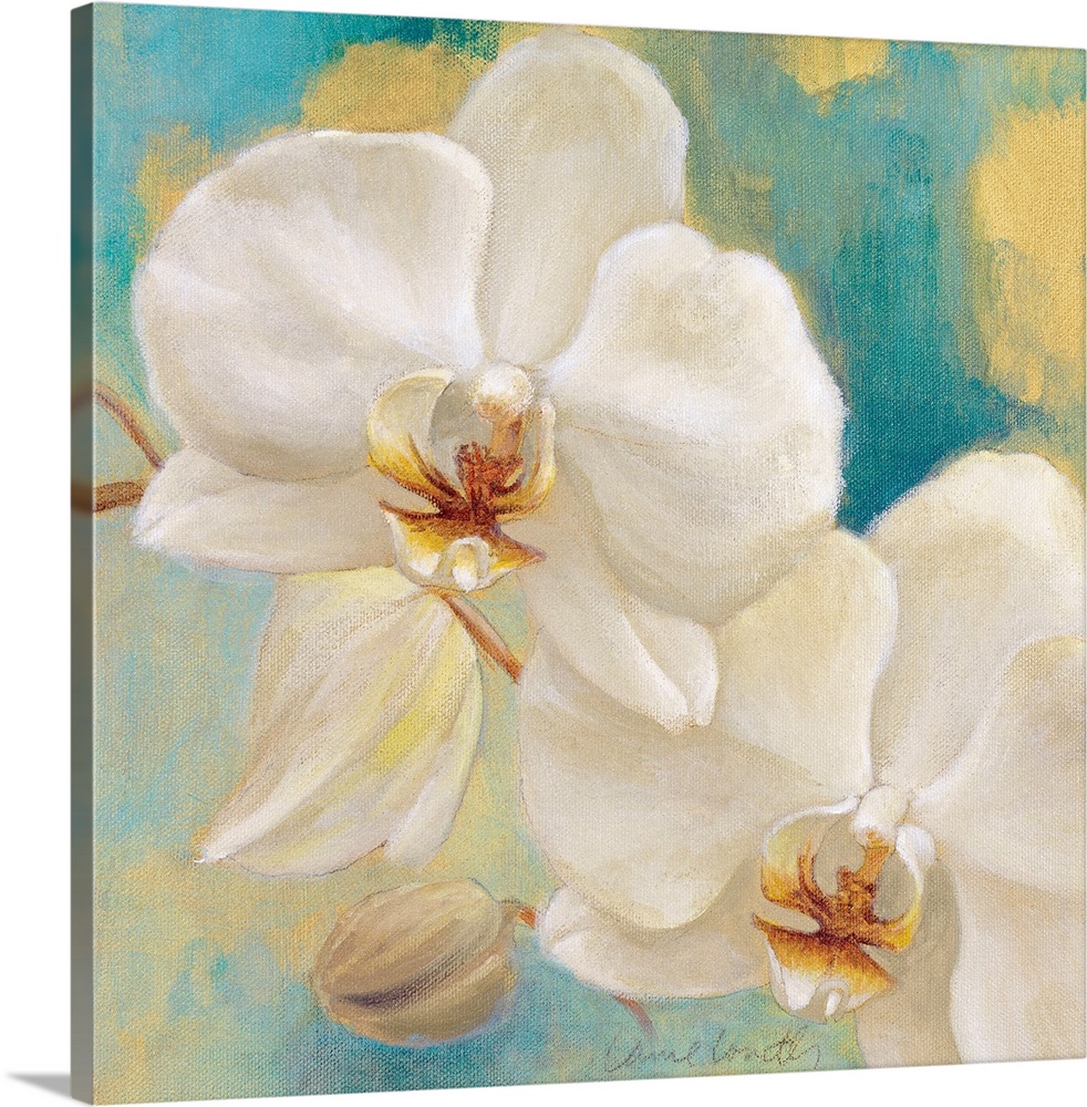 Large floral art focuses on a couple flowers sitting on the stem of an orchid against a slightly textured backdrop compose...