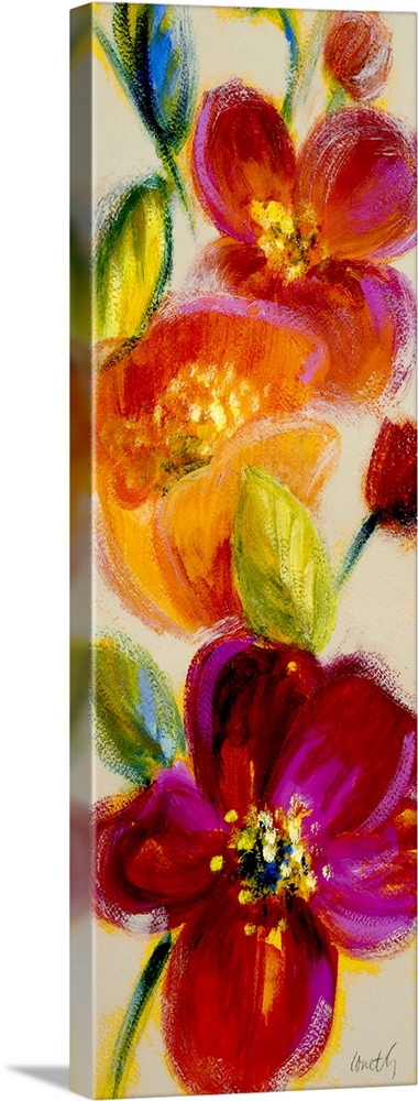 Colorful flowers are painted cascading down this tall vertical piece.