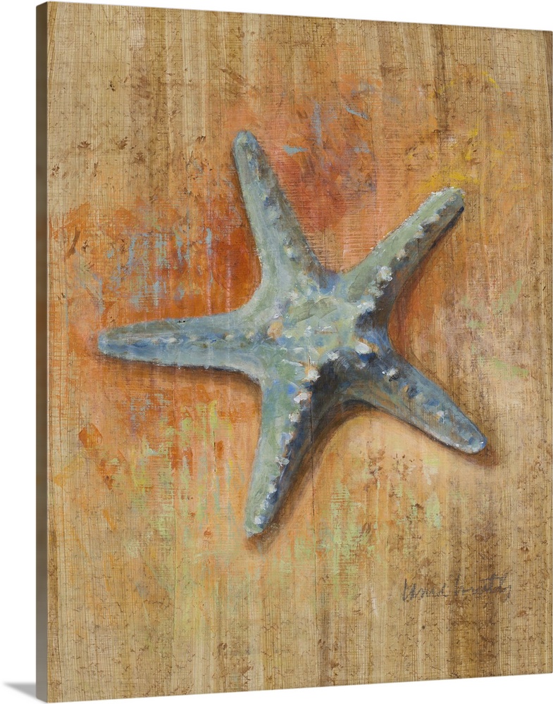 Contemporary painting of a blue starfish on a tan background with orange coloring.