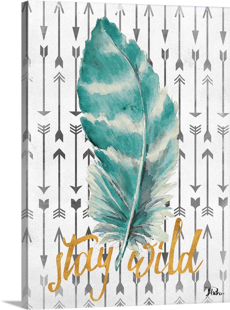 A blue and white striped feather with arrows on the background and the phrase "stay wild" written in gold on the bottom.