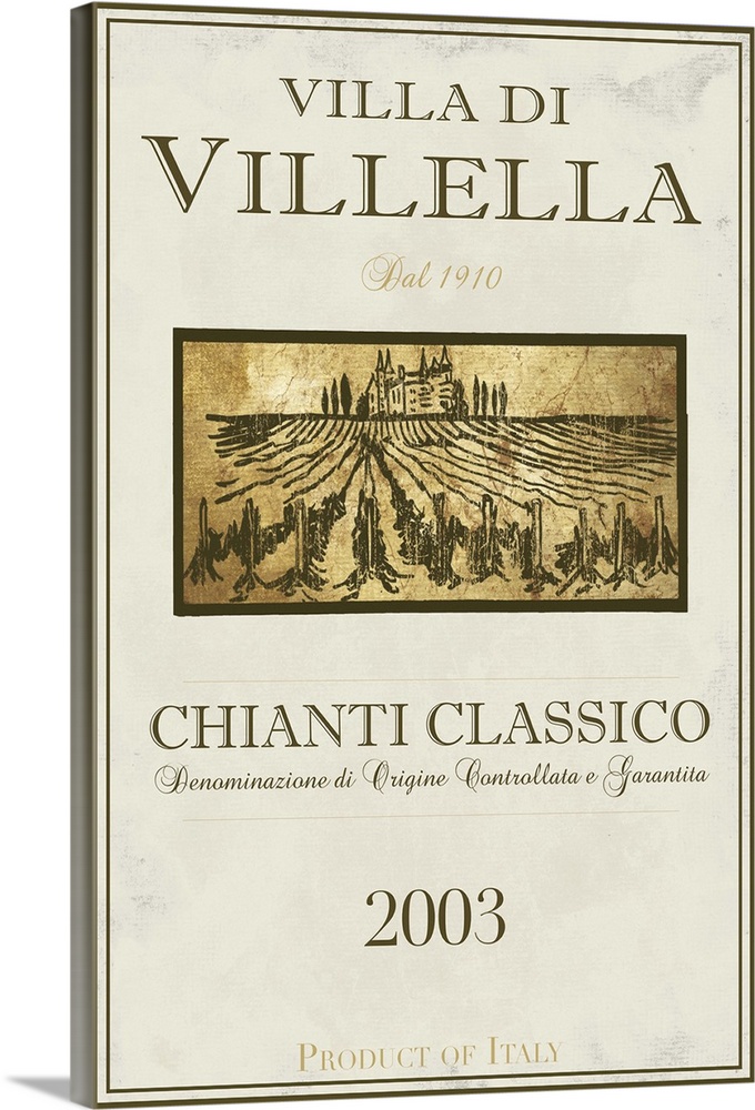 Contemporary artwork of a vintage stylized Italian Chianti Classico wine bottle label.