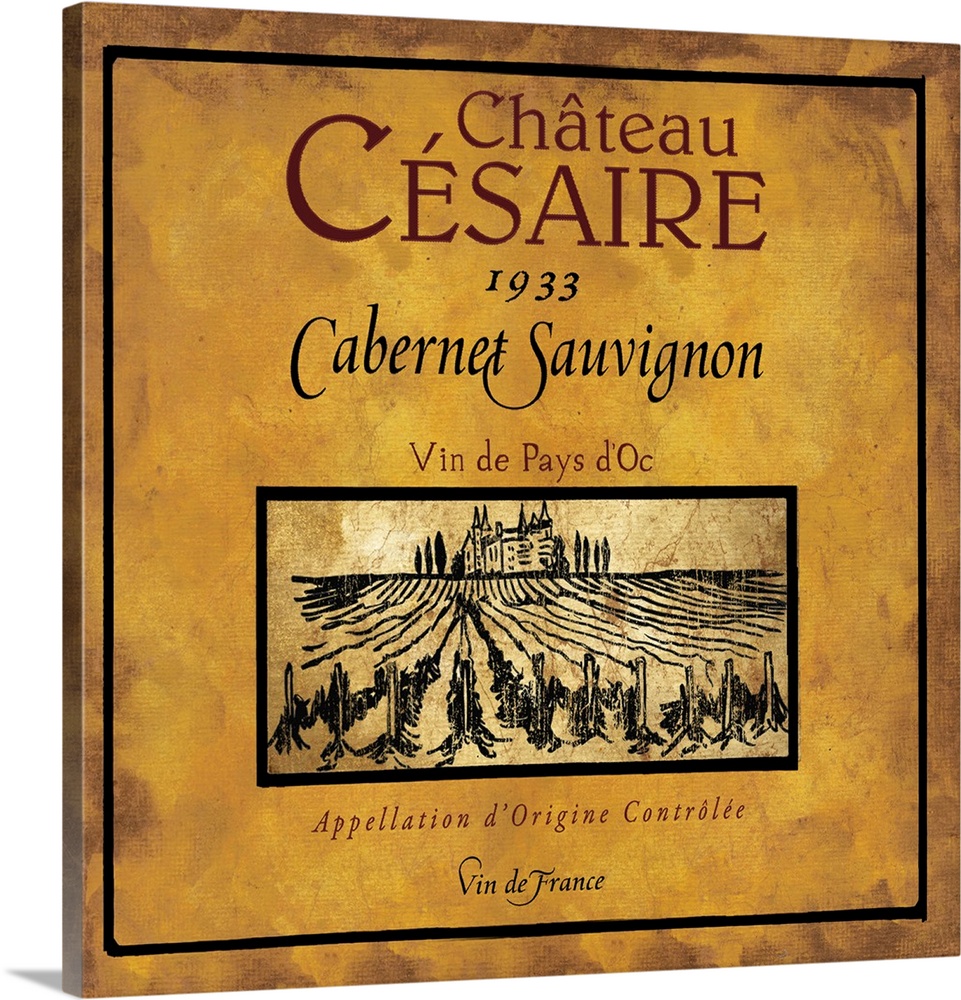 Contemporary artwork of a vintage stylized French Cabernet Sauvignon wine bottle label.