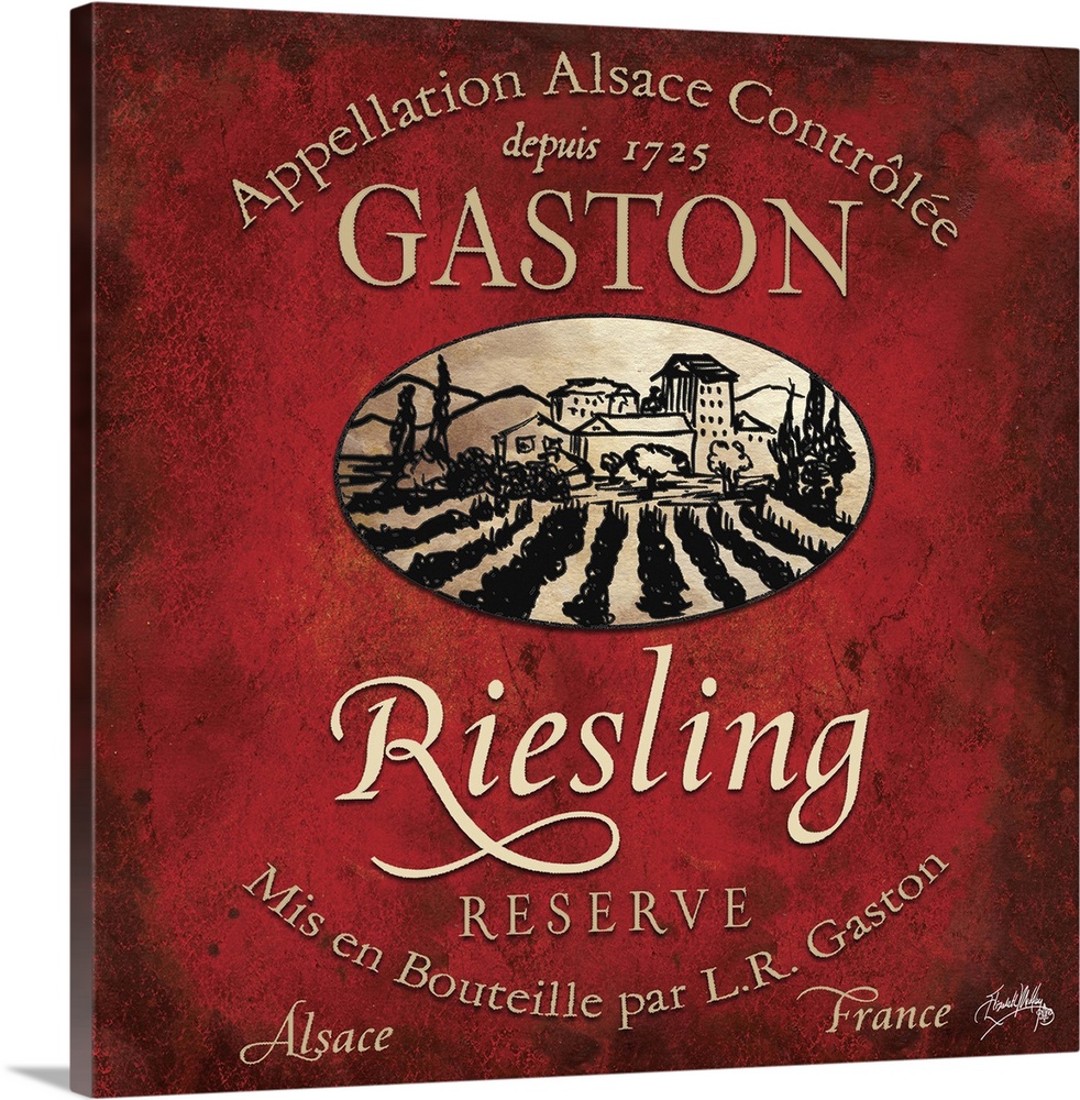 Contemporary artwork of a vintage stylized French Riesling wine bottle label.