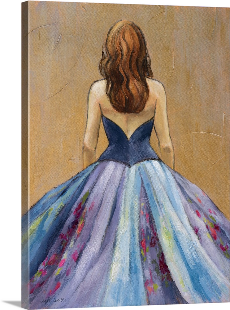 Contemporary artwork of a back view featuring a woman wearing a blue dress with flowers.