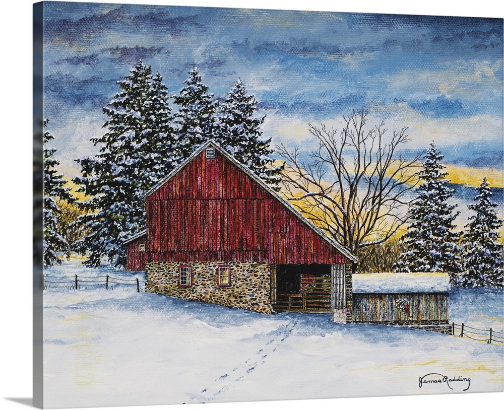 A contemporary snowy winter landscape painting of a red barn.