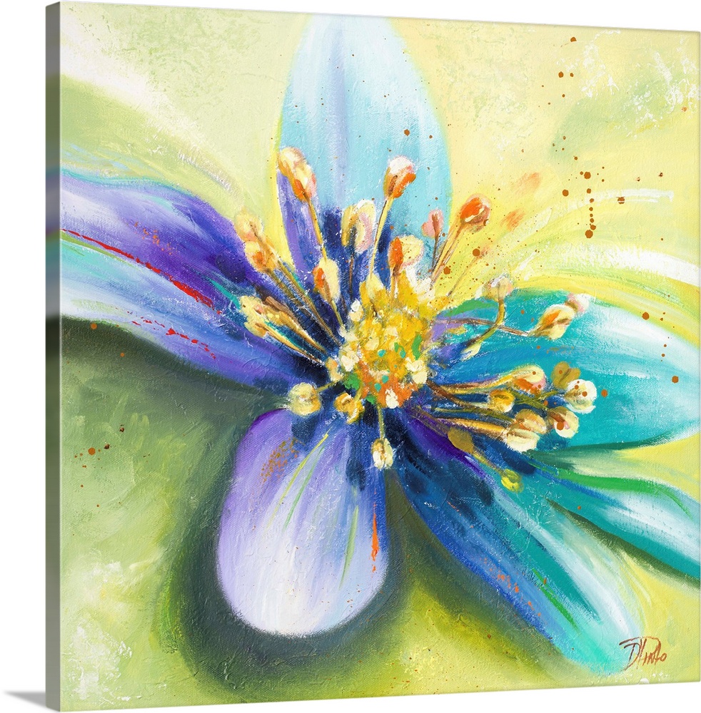 Contemporary painting of a vibrant blue green flower against a bright green background.