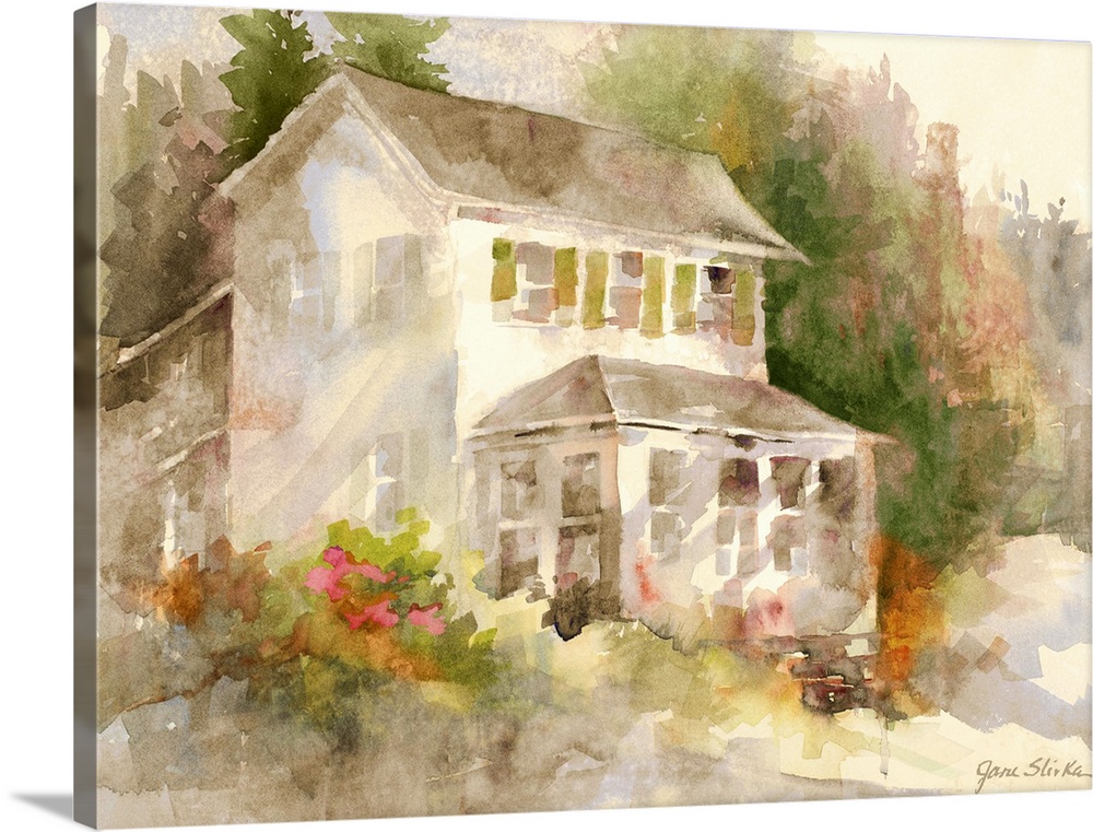Contemporary watercolor painting of a countryside cottage.
