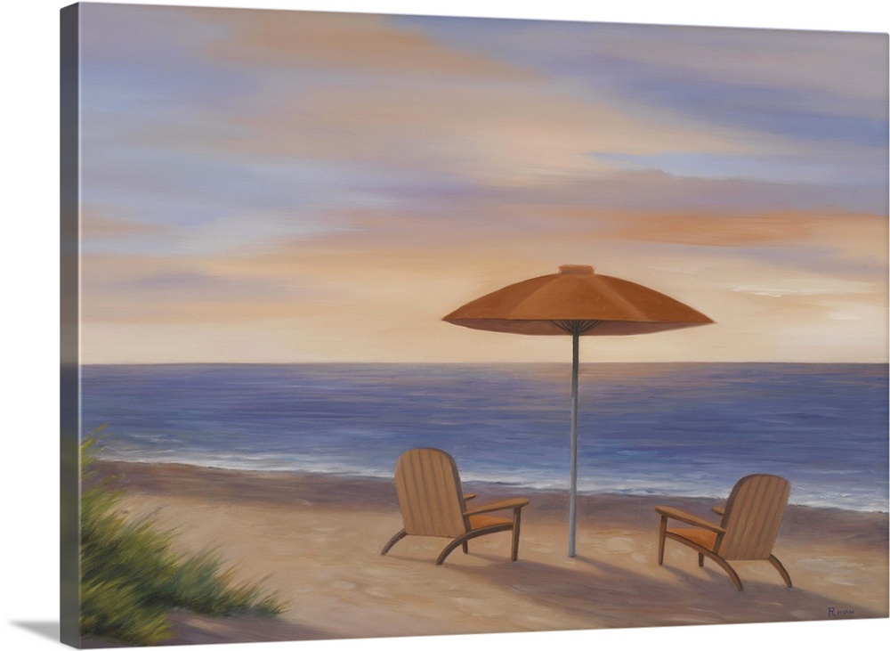 Big painting on canvas of two chairs and an umbrella set up on a beach in front of the ocean at sunset.
