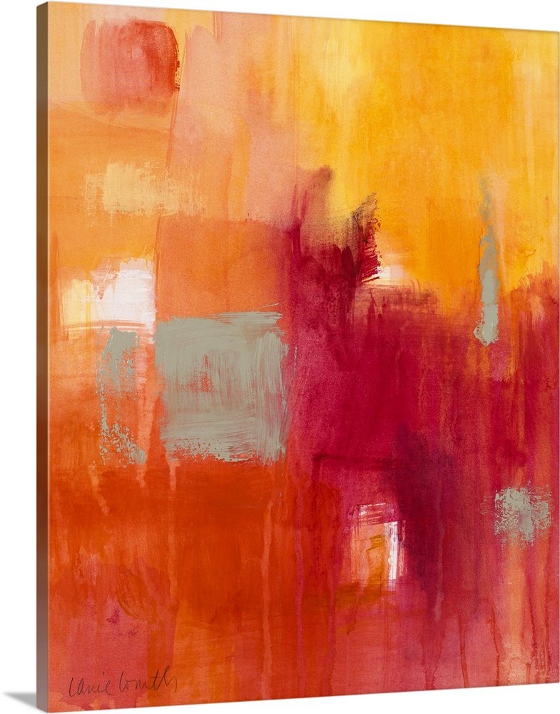 Vertical, abstract painting on a big canvas of patches of transitioning colors in warm tones and dripping paint streaks at...