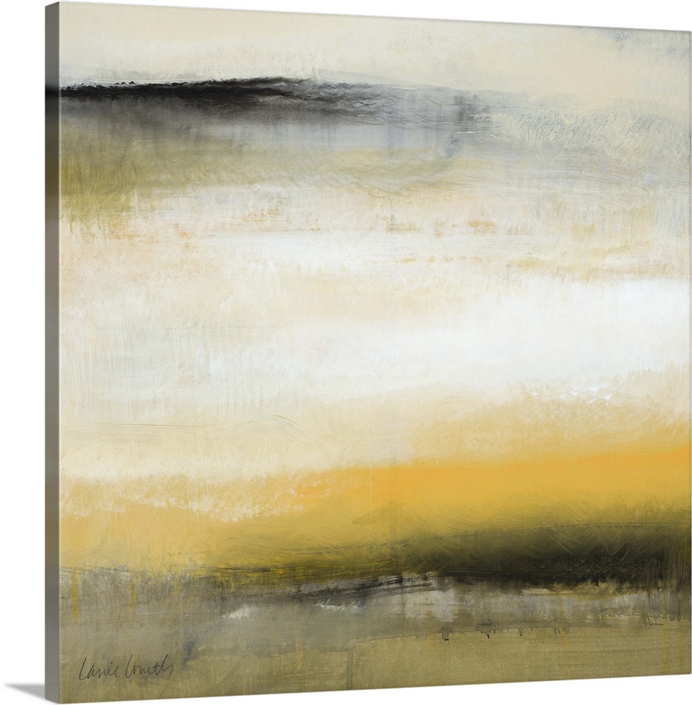An abstract painting with black, white and gray hues and yellow peeping through like rays of light.