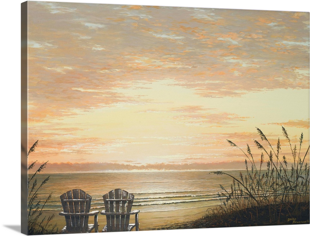 Contemporary painting of two adirondack chairs in the sand overlooking the beach at sunset.