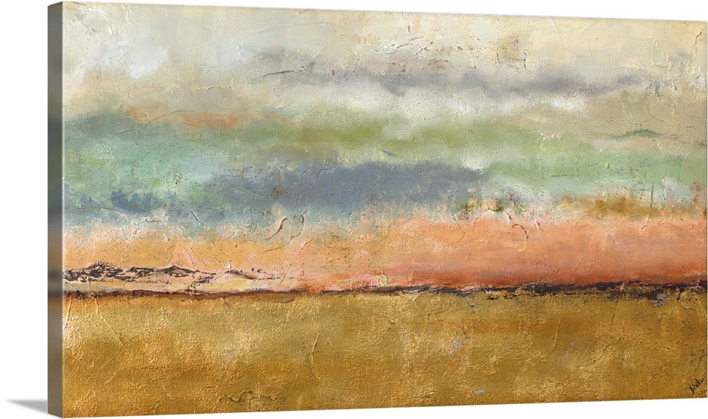 An abstract painting of a sunset  with a golden strip under the horizon representing a corn field.