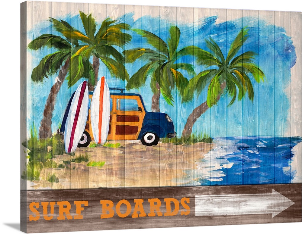 Contemporary painting of a blue and woody wagon with two surfboards leaning on it, parked on the sandy beach underneath pa...