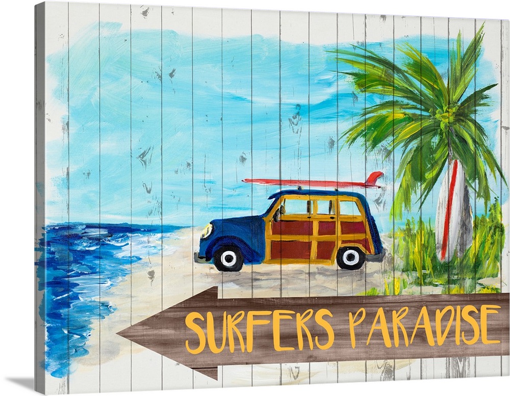 Contemporary painting of a blue and wood styled wagon parked on the sandy beach with a red surfboard strapped to the top a...