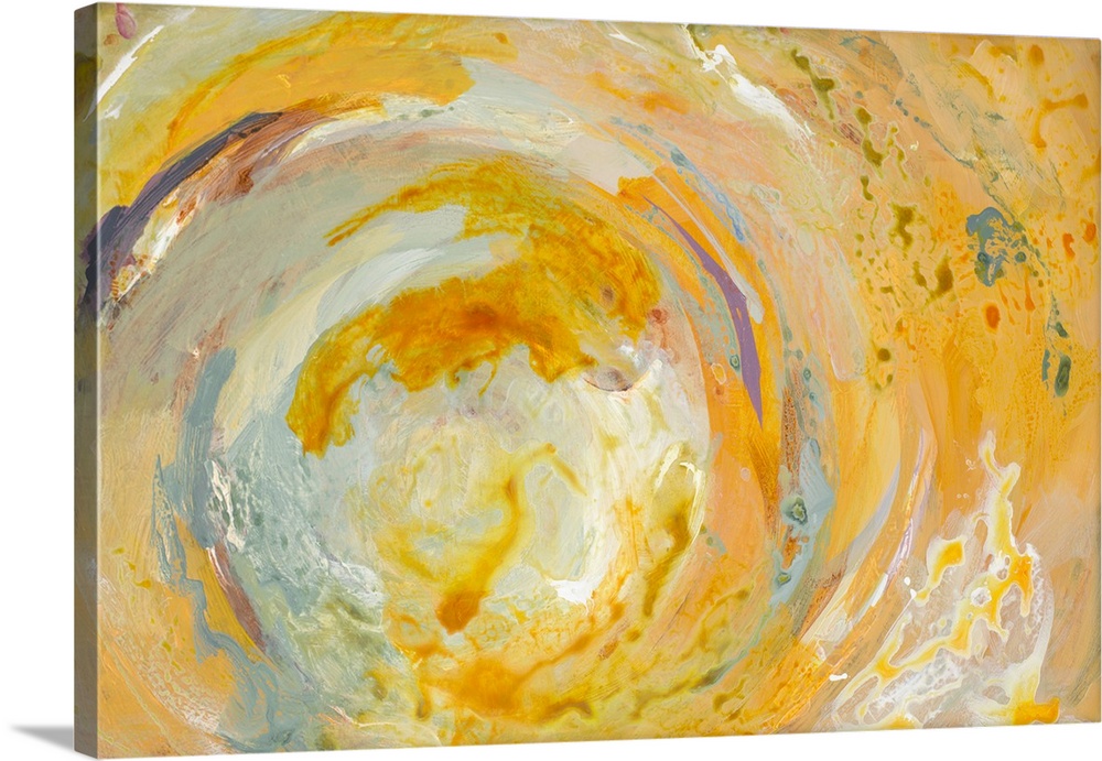 In this contemporary artwork, a swirl of bright yellows tug on shades of white and pops of purple.