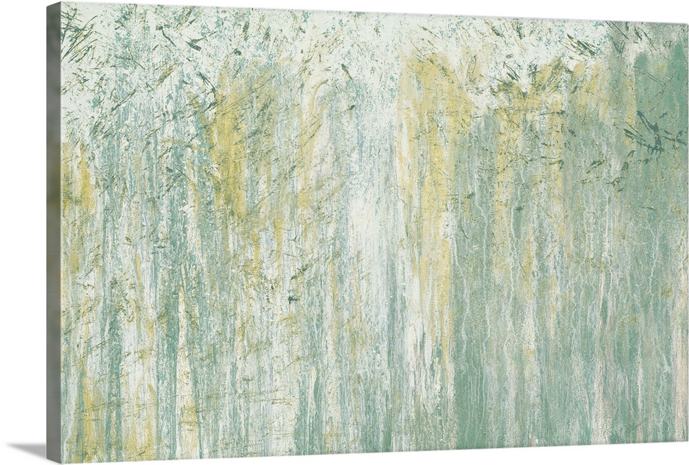 A contemporary abstract painting in teal, white, and gold with texture throughout from scratch-like markings.