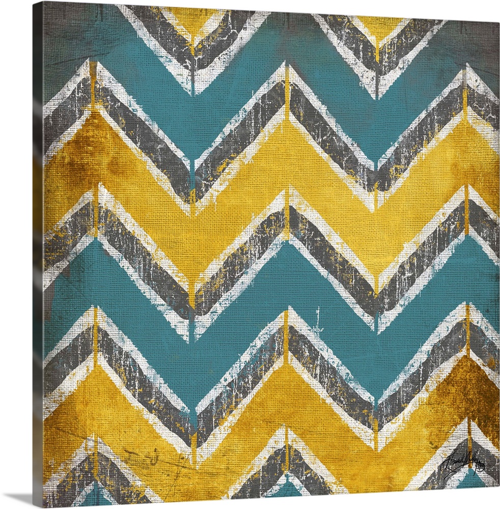 Gray, Blue, White, and Yellow chevron patterned artwork.