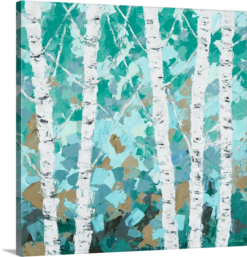 A group of birch trees with teal and brown leaves.