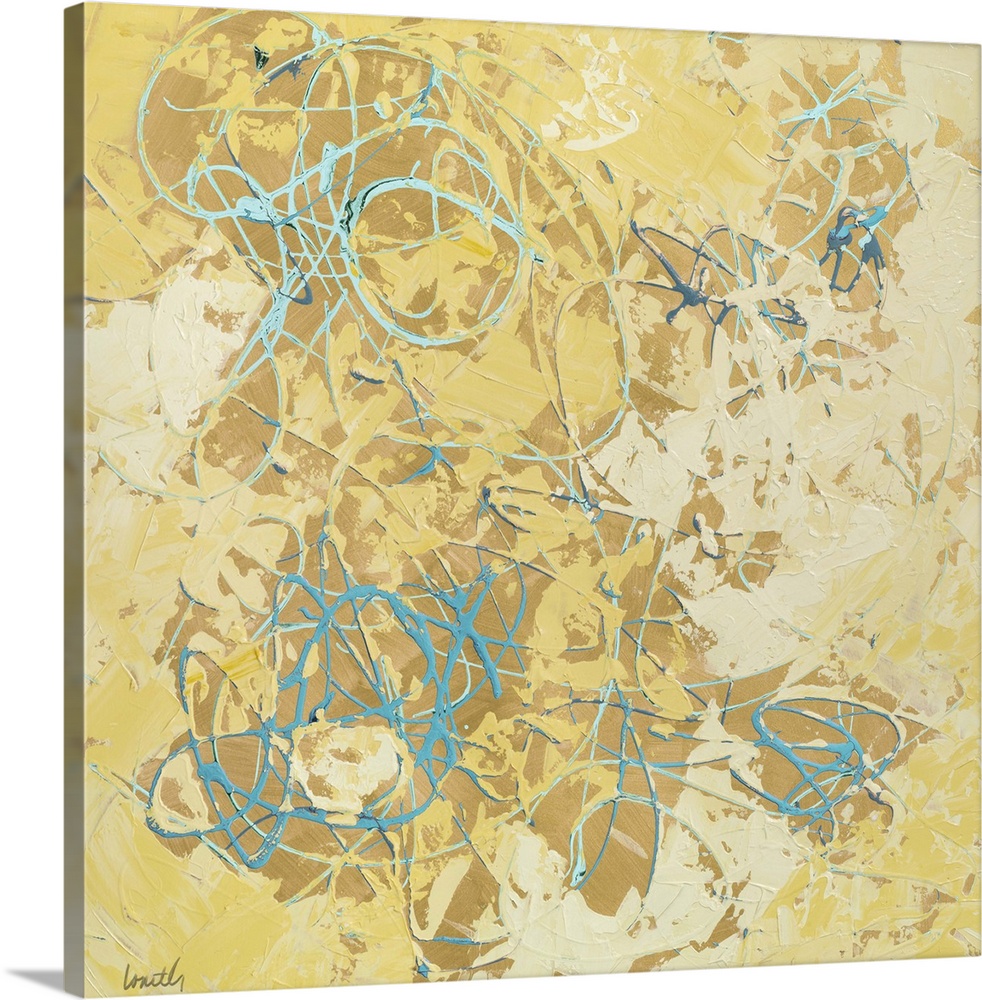 Abstract contemporary painting in yellow shades with lots of texture.