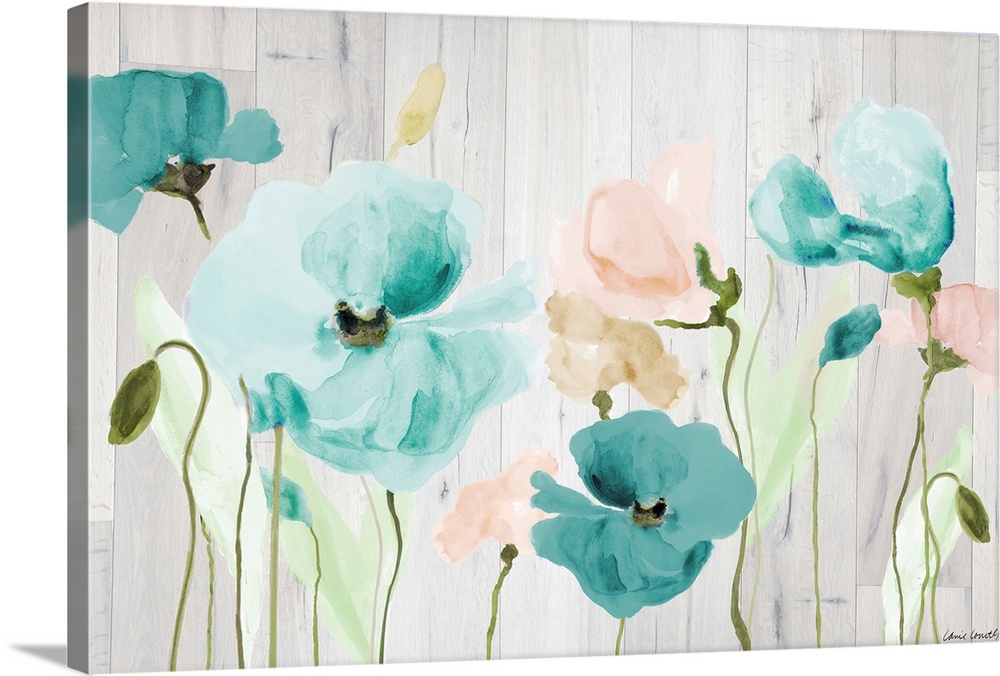 Contemporary painting of blue and light pink poppy flowers on a rustic white wood paneled background.