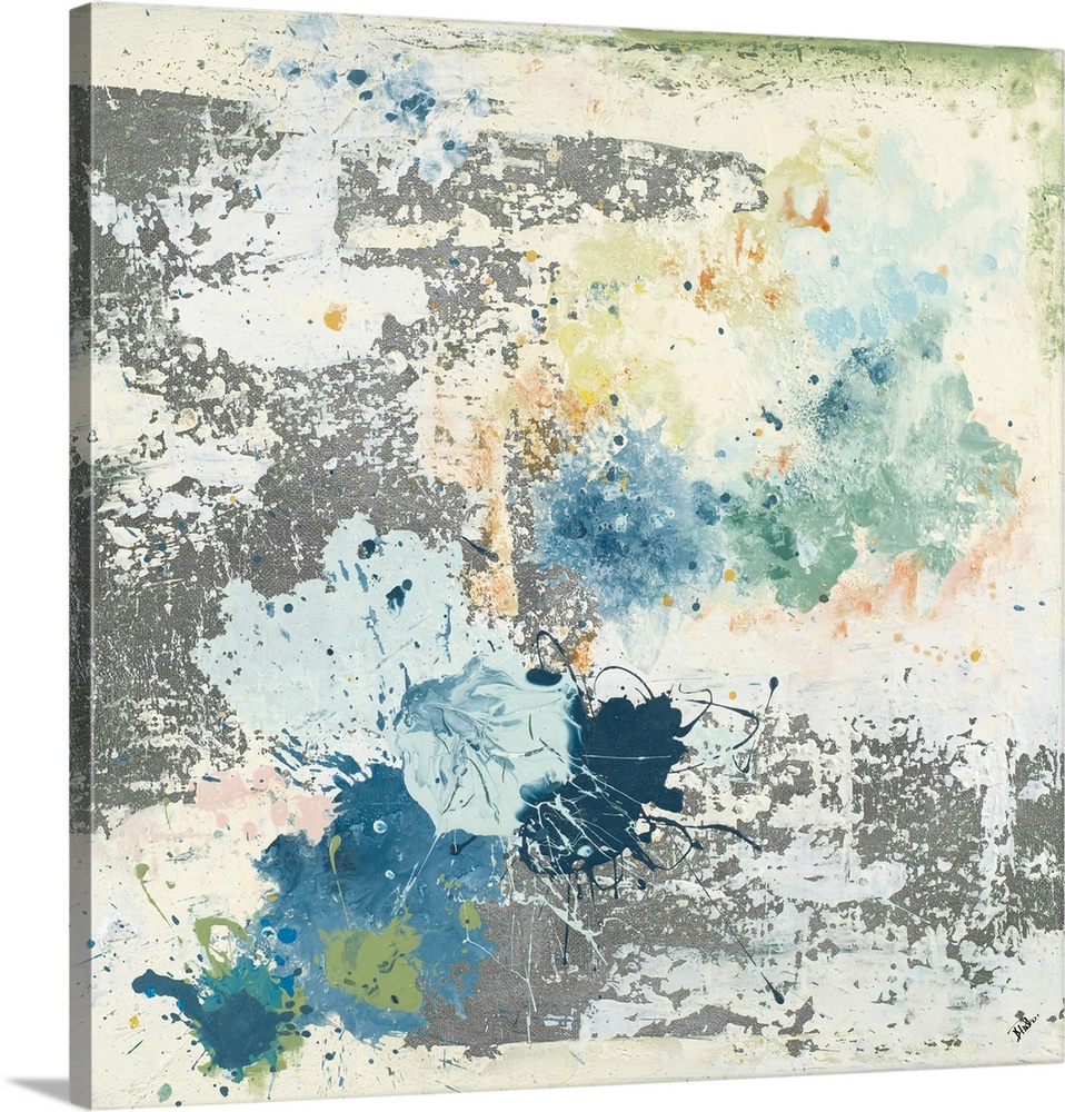 Abstract artwork featuring an industrial ambience with blue and green paint splatters throughout.