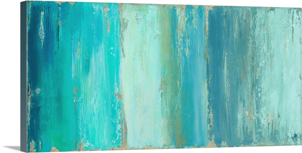 A wide and skinny abstract painting with different shades of vertical blue lines.