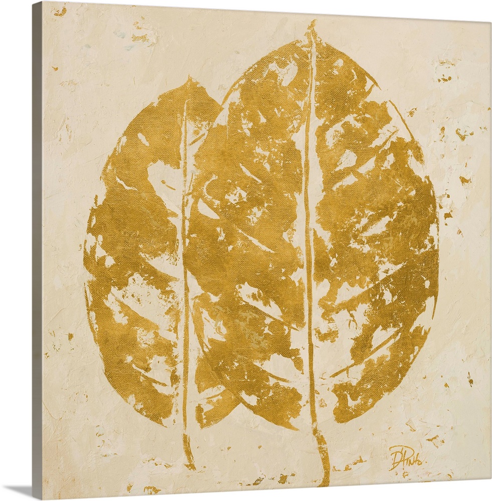 Painting of a golden tropical leaf against a beige background.