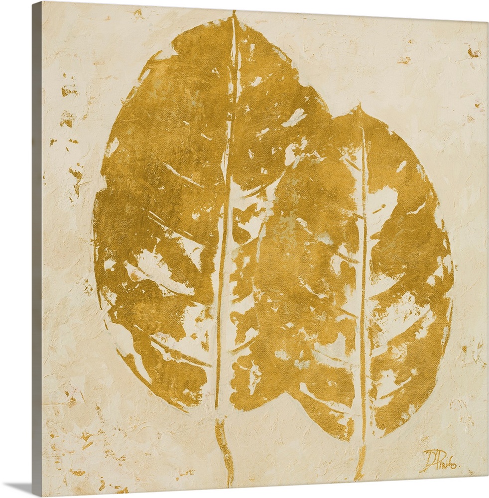 Painting of golden tropical leaves against a beige background.