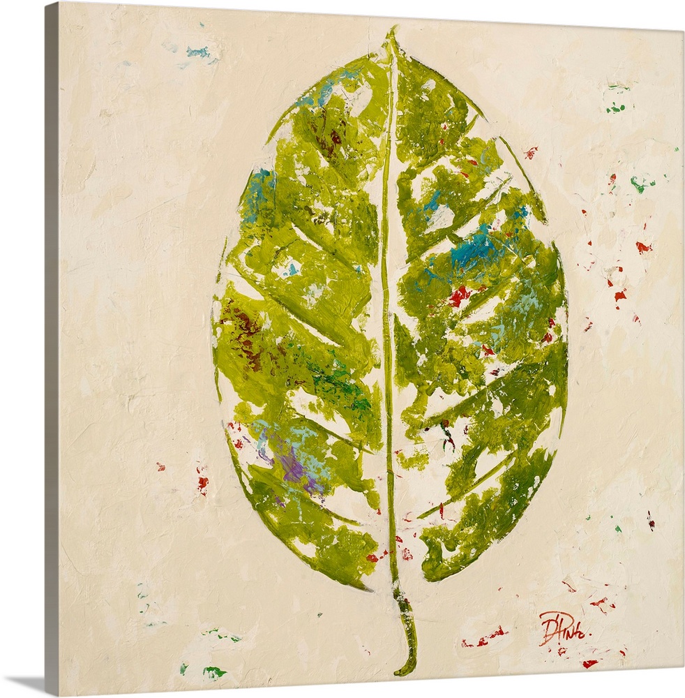 Painting of a green tropical leaf against a beige background.