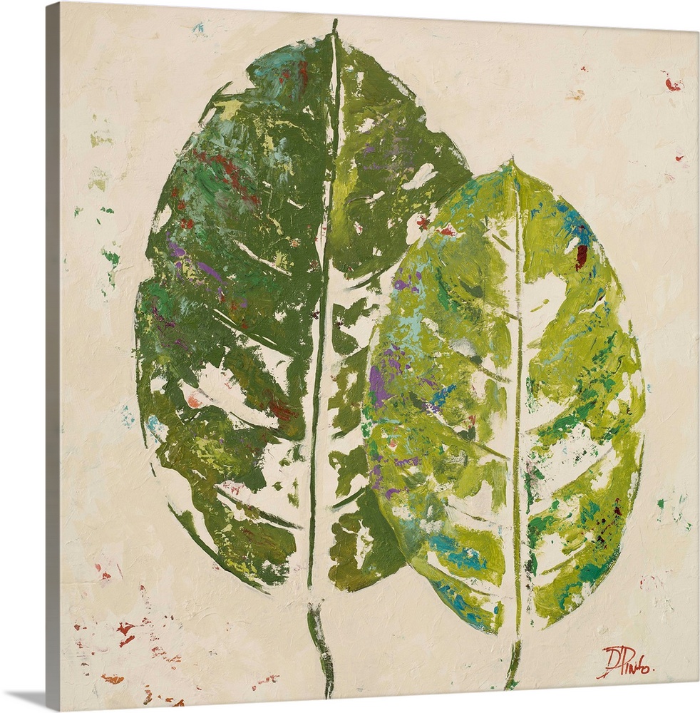 Painting of green tropical leaves against a beige background.