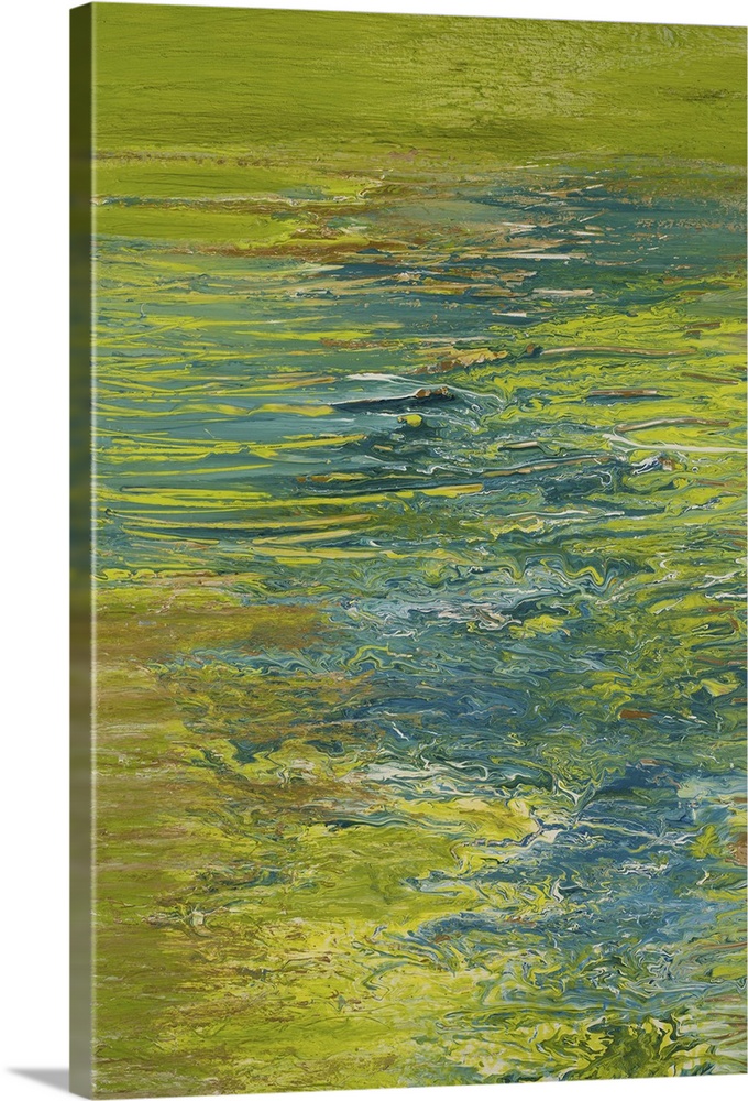 Abstract painting in blue and green resembling ripples on water.