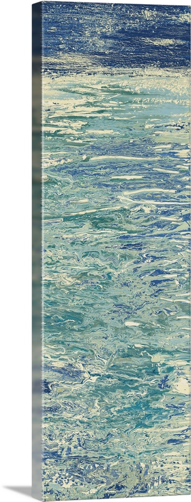 Abstract painting in blue and white resembling ripples on water.