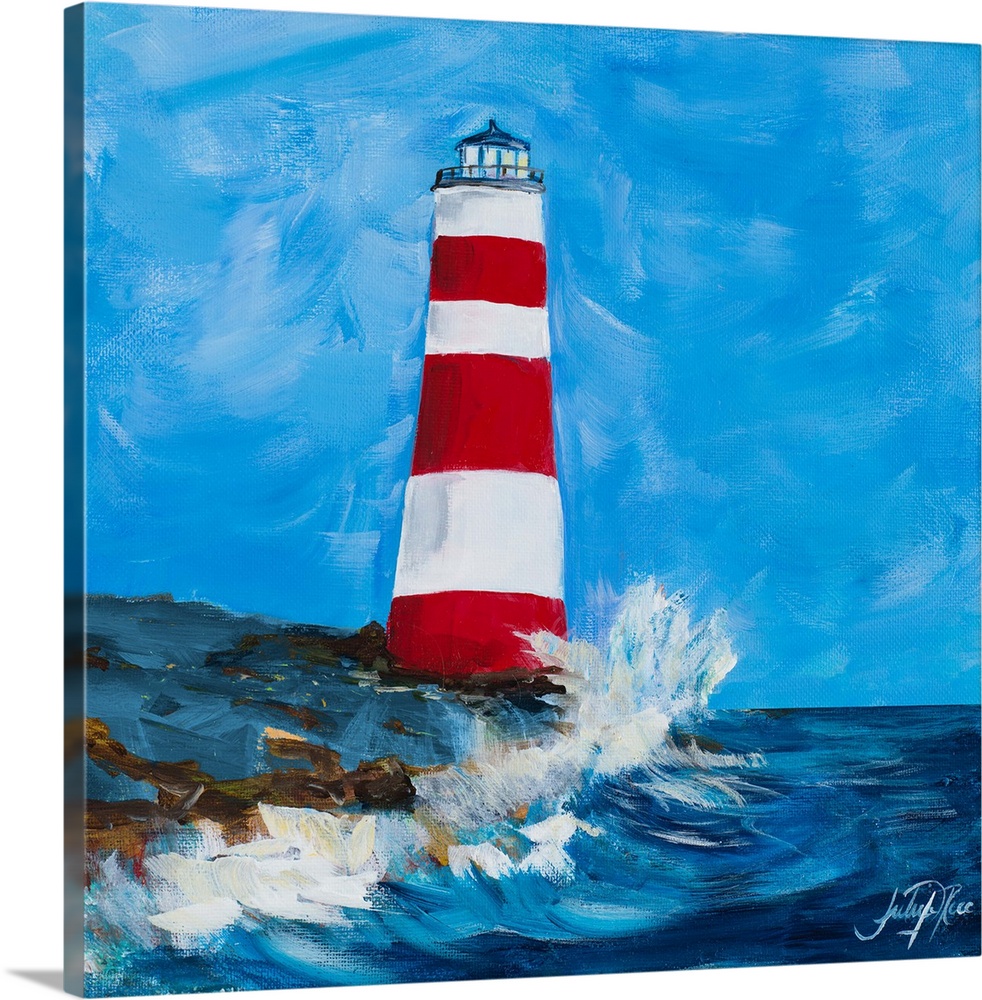 Square painting of a red and white striped lighthouse on the coastline with waves crashing up on it.