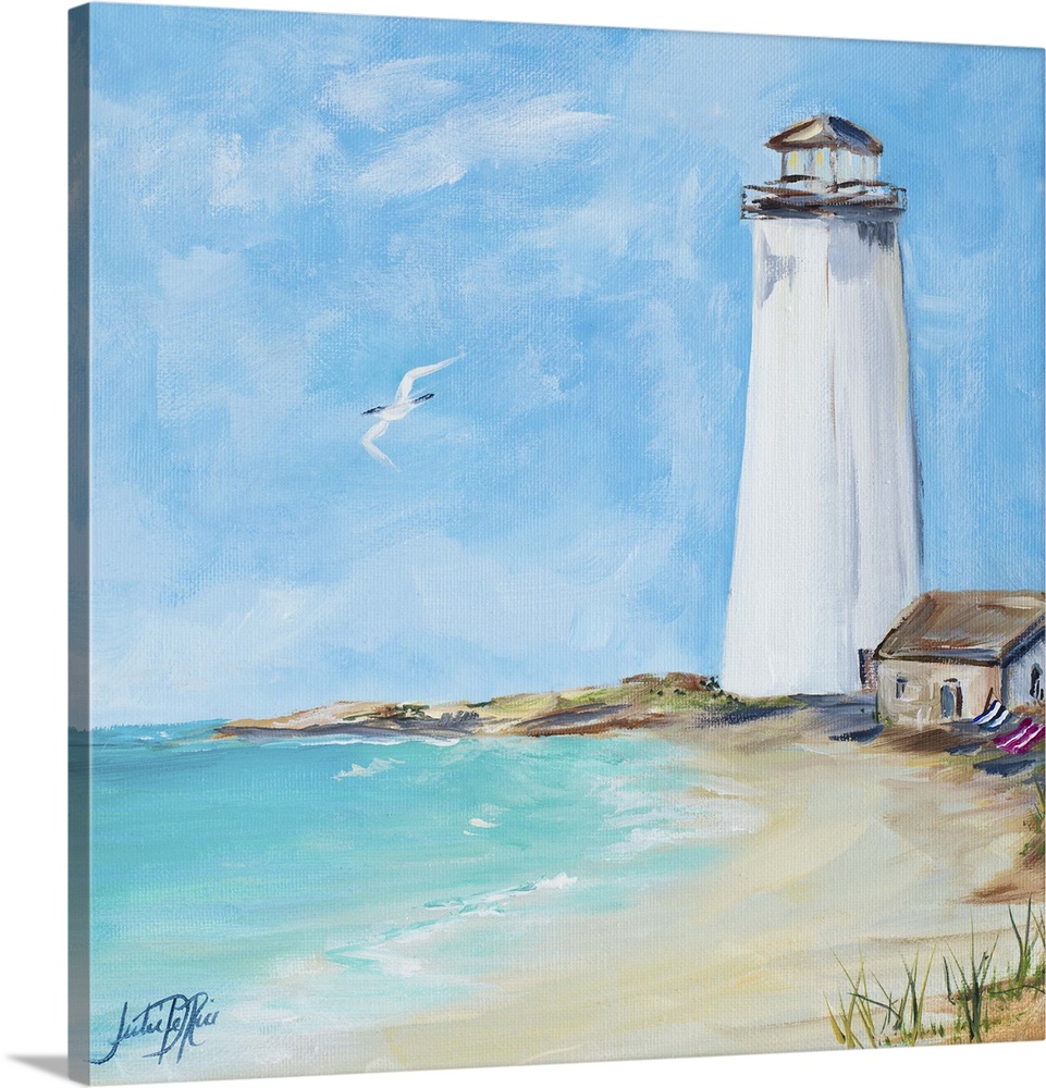 Square painting of an all white lighthouse on the shore with a seabird flying above the ocean.