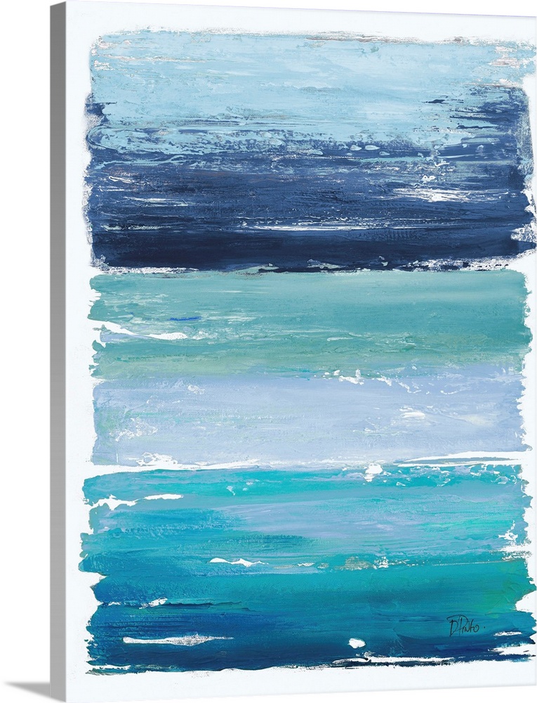 A contemporary abstract painting with thick horizontal brushstrokes stacked on top of each other in different shades of blue.