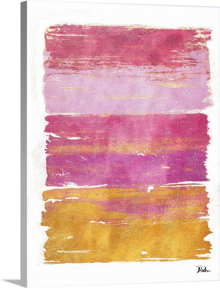 A contemporary abstract painting with thick horizontal brushstrokes of different shades of pink with gold.