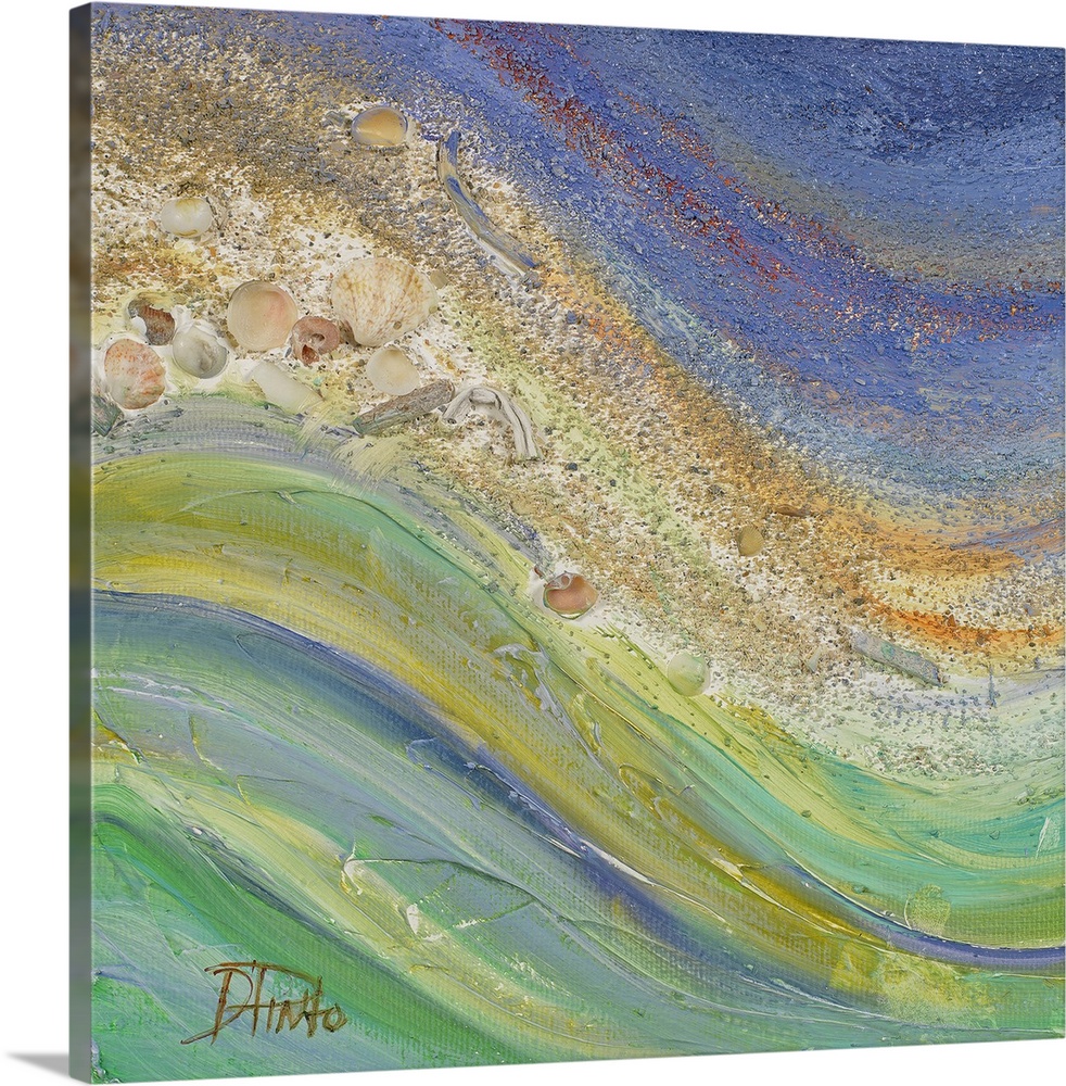 Square painting of the ocean meeting a beach with shells on canvas.