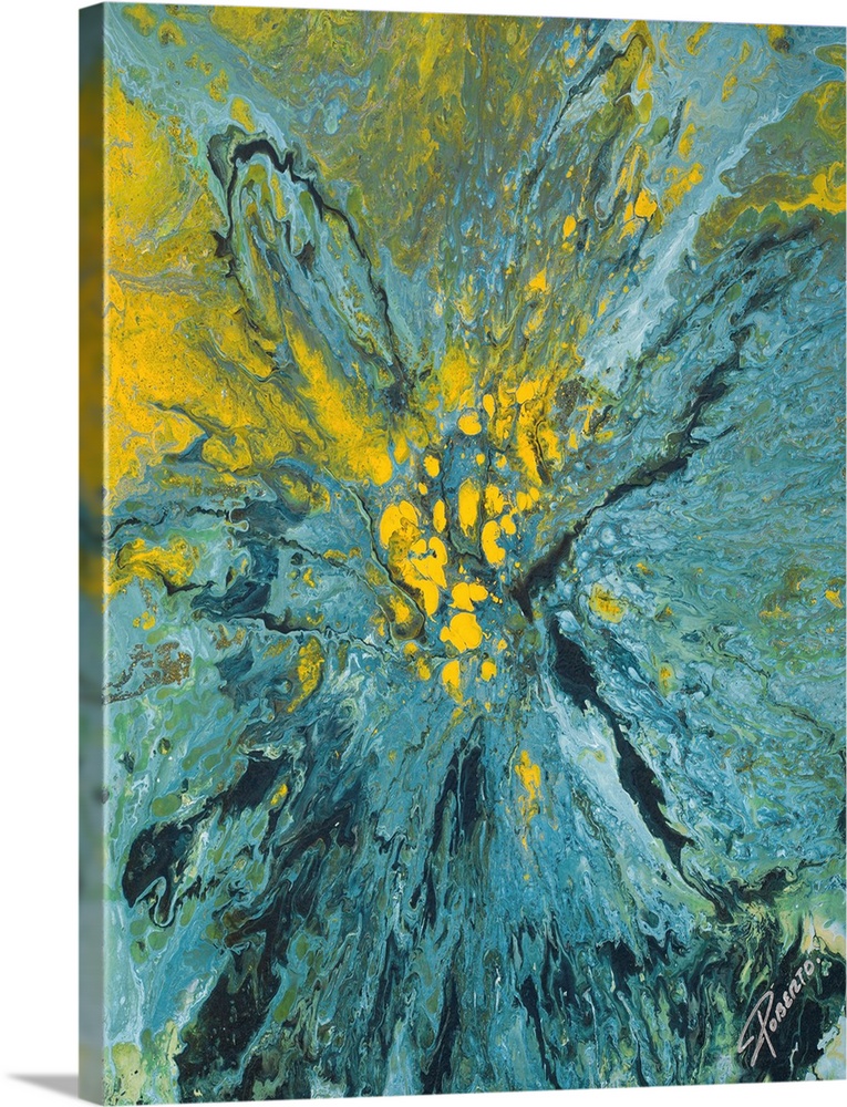 Abstract painting that depicts a blue and yellow paint explosion on to canvas.