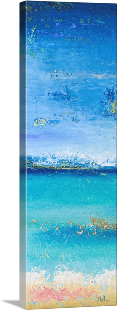 Abstract painting of a blue colorscape resembling the ocean from a beach view.