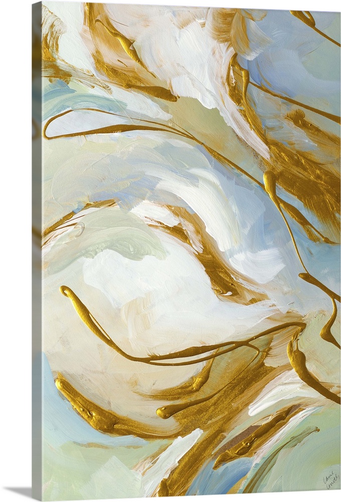 Abstract artwork in white with golden swirls.