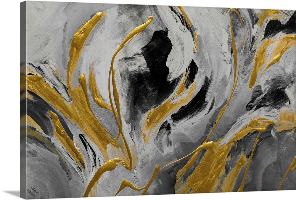 A contemporary abstract painting that has shades of gray and black with thick, bright, gold designs.