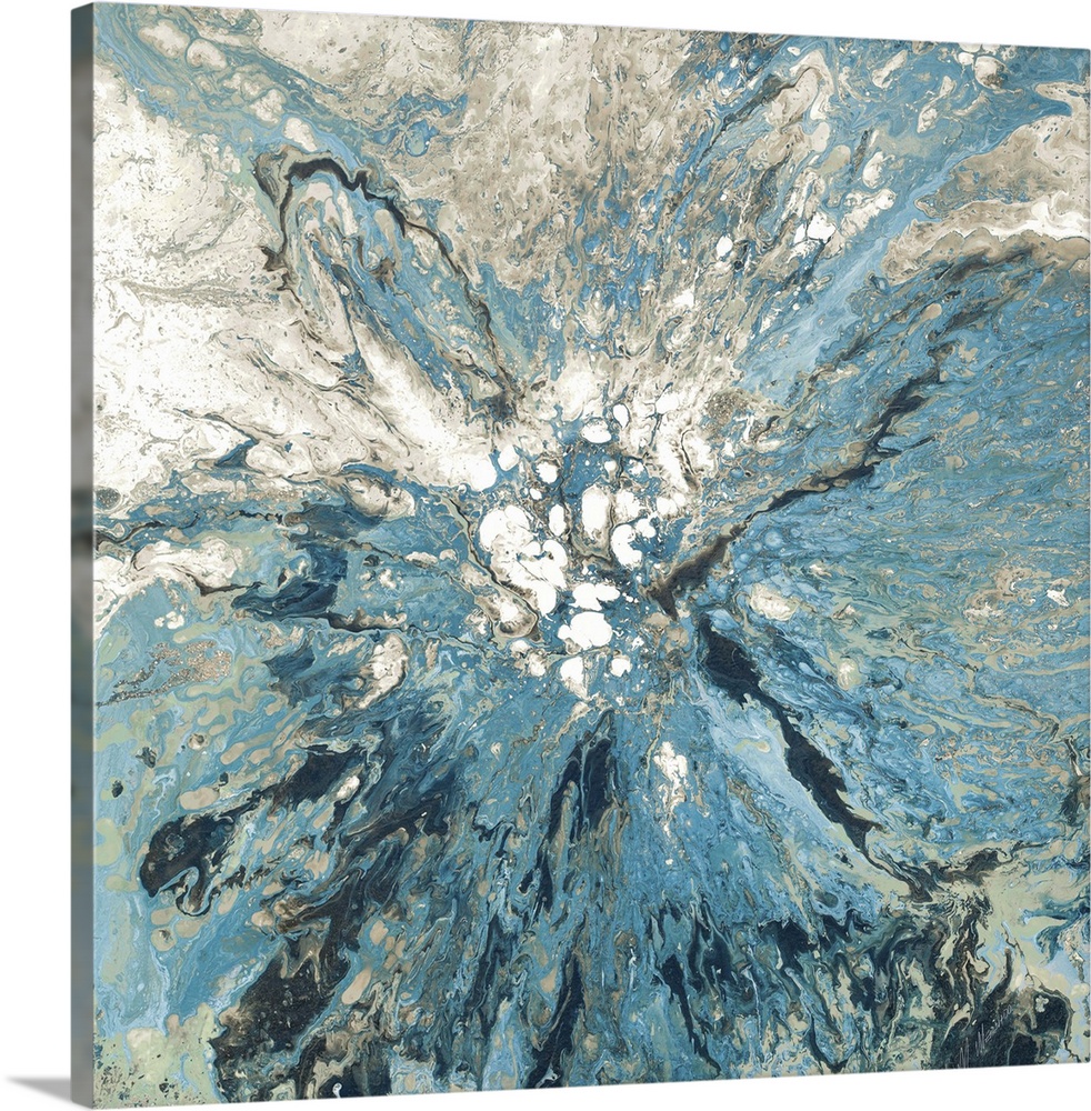 Square abstract painting using shades of blue, gray, and white all forming together at a central point in the middle.