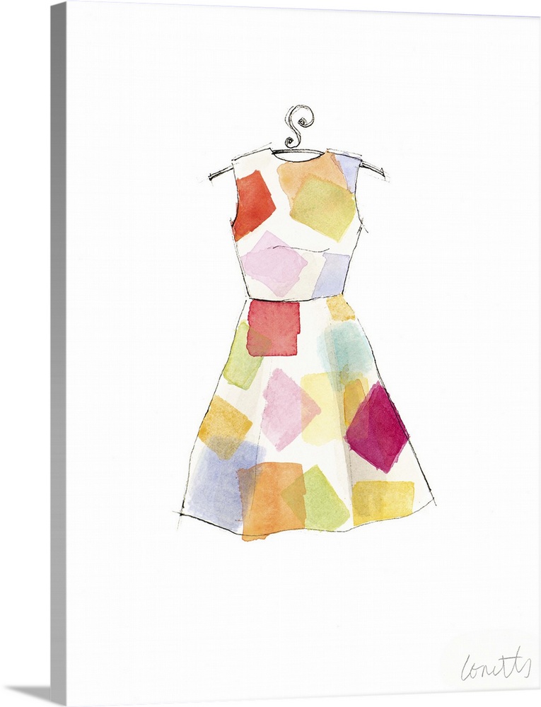 Watercolor painting of a white dress with a colorful square pattern.