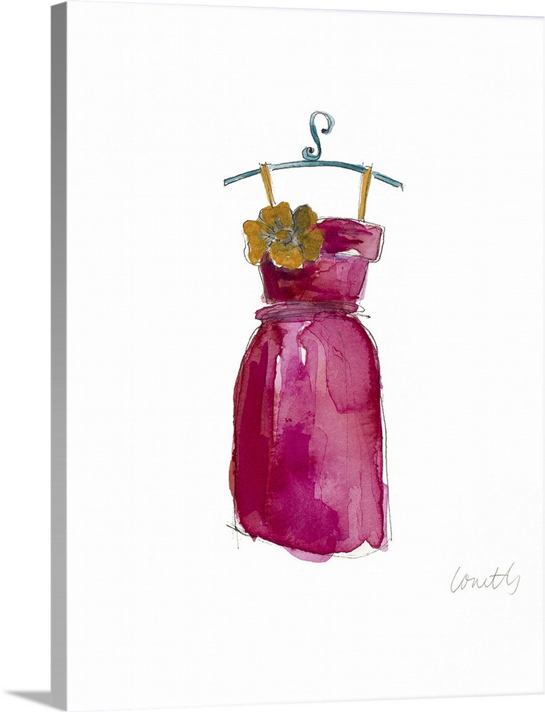 Watercolor painting of a pink dress with a big yellow flower on the breast.