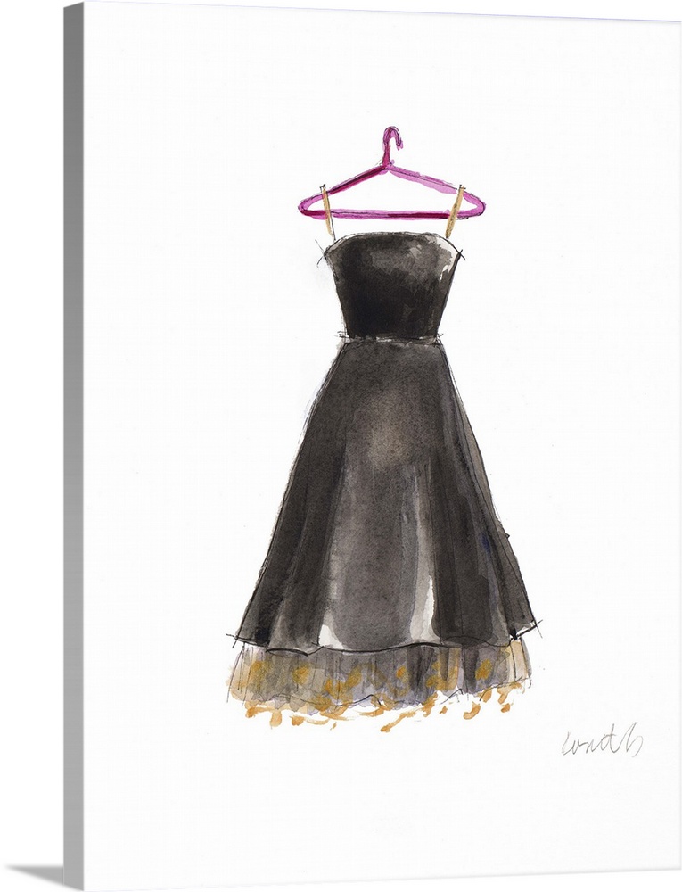 Watercolor painting of a black dress with black and gold frill at the bottom.