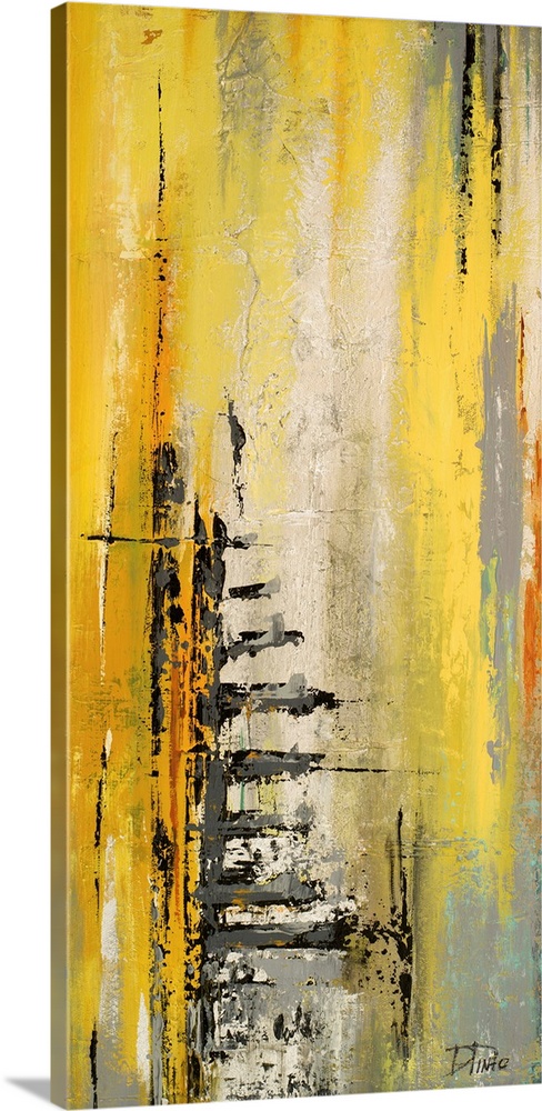 Contemporary abstract painting using yellow tones mixed with gray in vertical streaking motions.