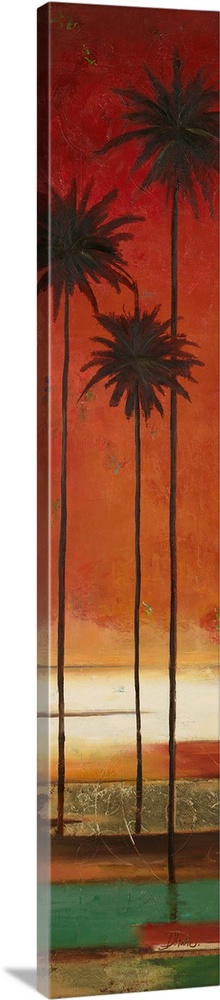 A tall, skinny abstract painting of three palm trees with an orange sunset in the background.