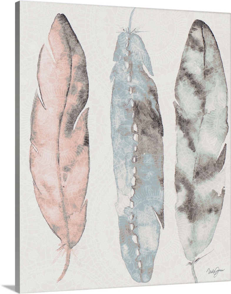 Watercolor painting of three feathers in muted shades of pink, blue, and grey.