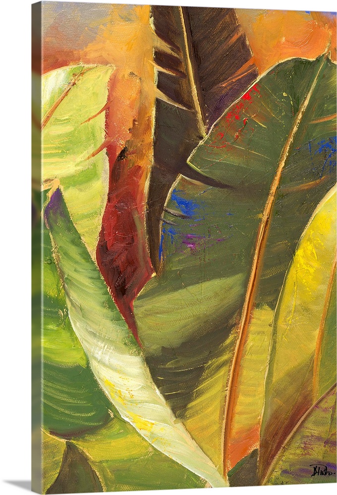 Contemporary painting of big lush tropical green leaves.
