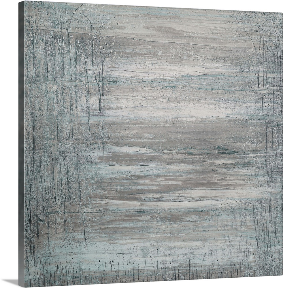 A textured abstract painting with teal and gray hues.